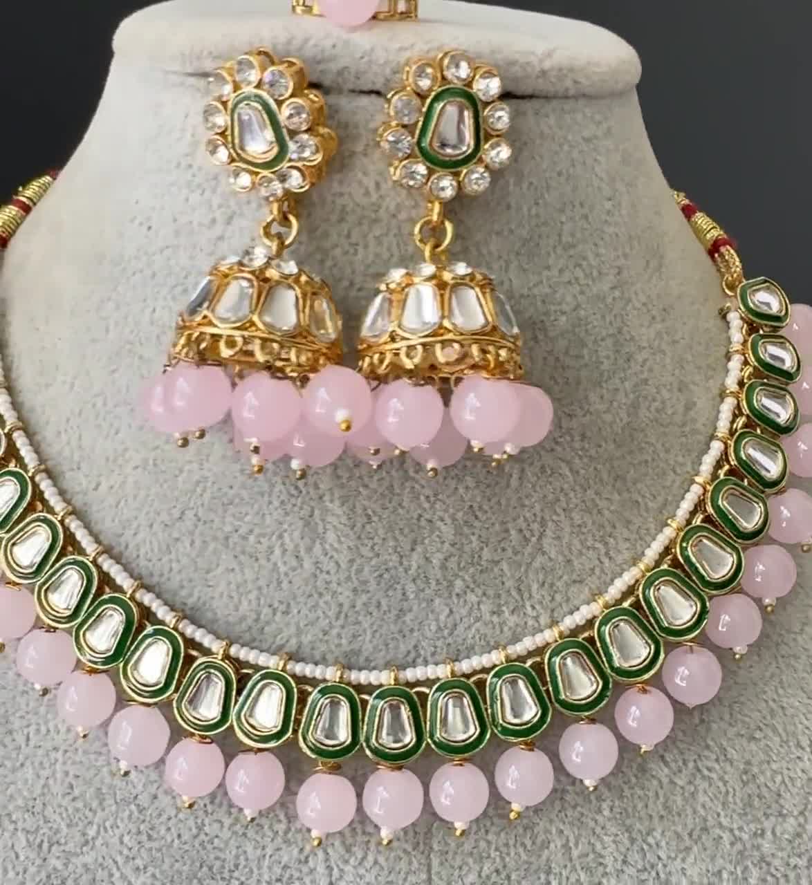 Sale Pink Kundan Jewelry Set Bollywood Jewelry Pink onyx Semiprecious Jewelry Boutique Designer Jewelry Set Pink high quality and Gold Jewelry