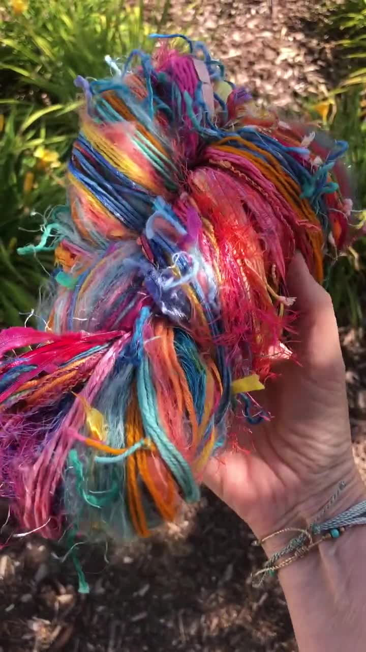 Art Yarn, Hand Tied Skein Hank, Turquoise, Orange, Pink, Saori