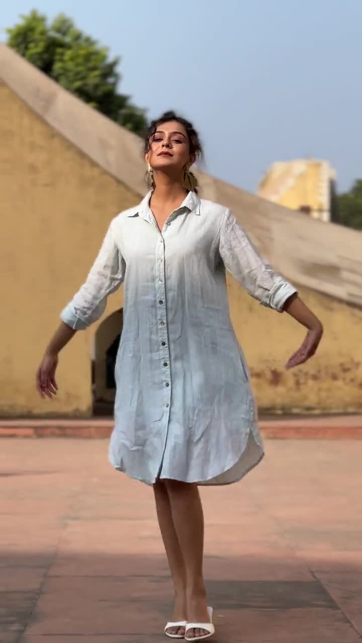 Washed Linen Shirt Dress with Pockets  Breathable Organic Summer Dress  Women | Fluid Fit Full Sleeve Dress | Rumpled Soft Linen Dress