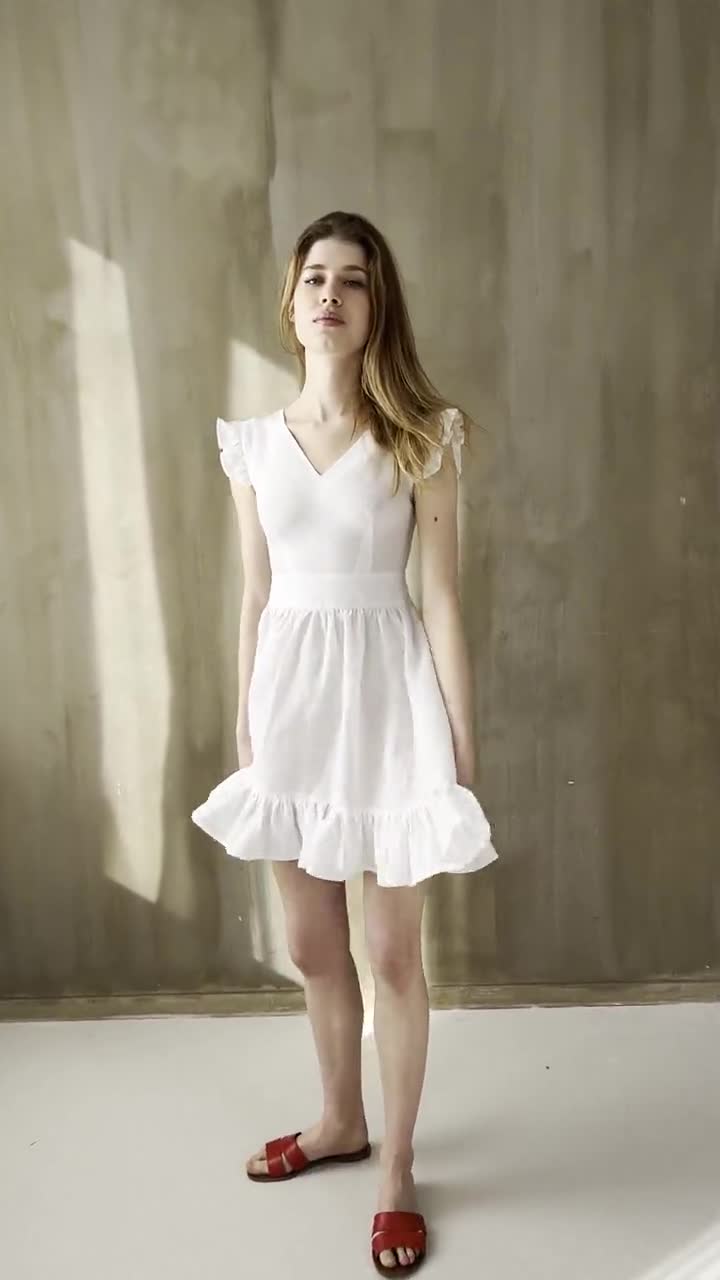 White Linen Ruffle Dress: Sleeveless Boho Summer Dress