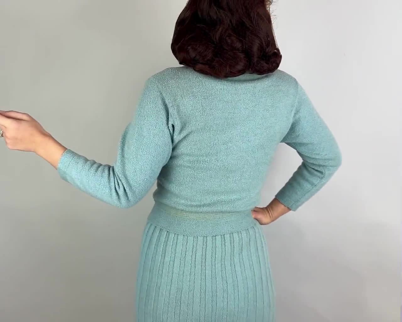 Vintage 1950's Baby Blue hotsell Wool Sweater Dress with Rhinestone and Lace Details