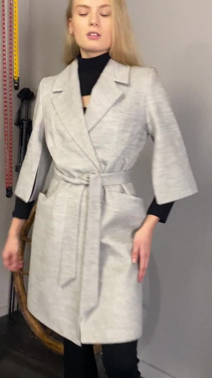 Gray Half Sleeve and Sleeve Slit Woolen Coat for Women, New
