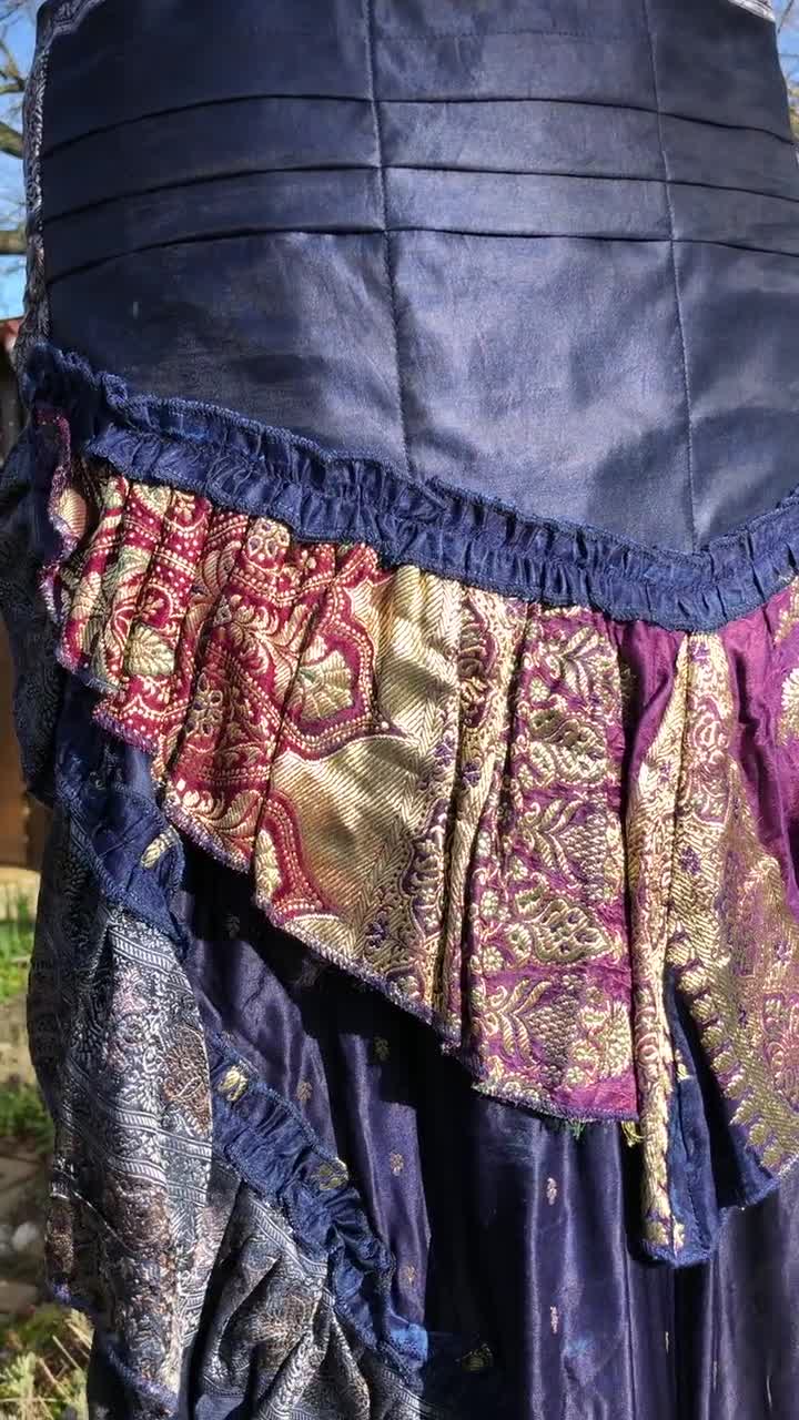 Blue Sari Silk Bustle Skirt: Steampunk Victorian Gothic Over