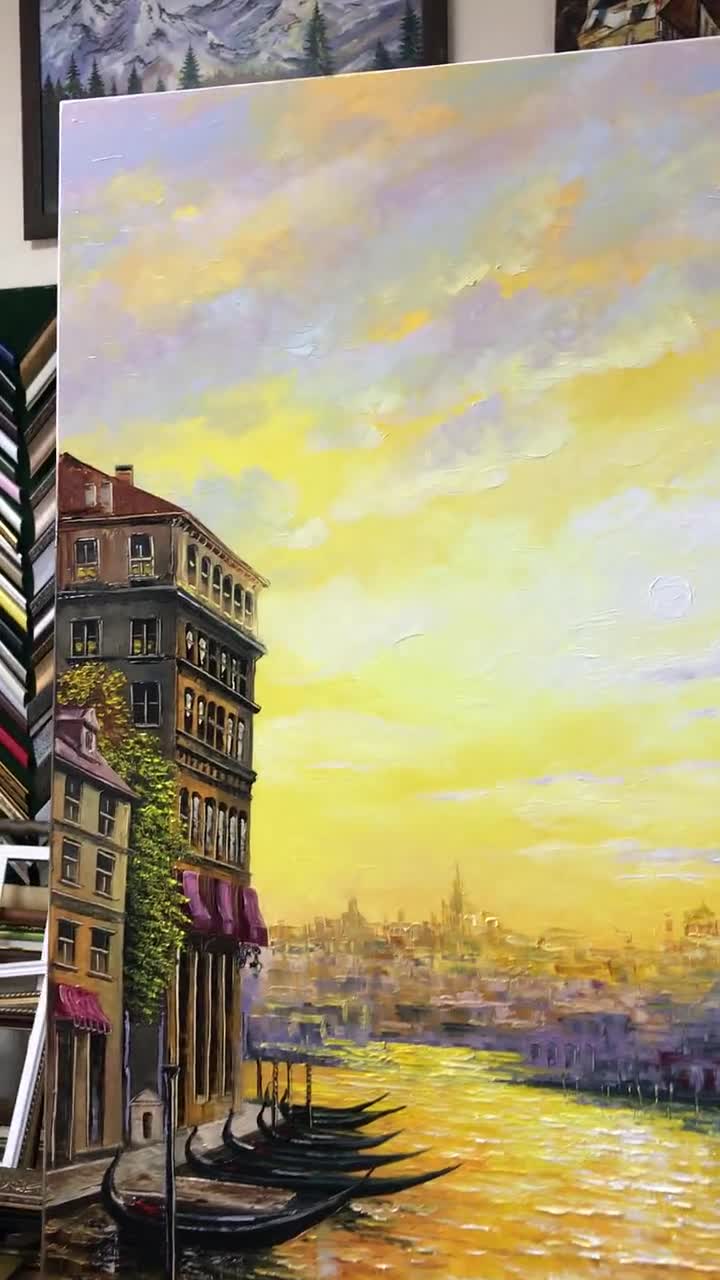 キャンバスに描かれたヴェネツィアの絵画 ゴールドの夕日の油絵