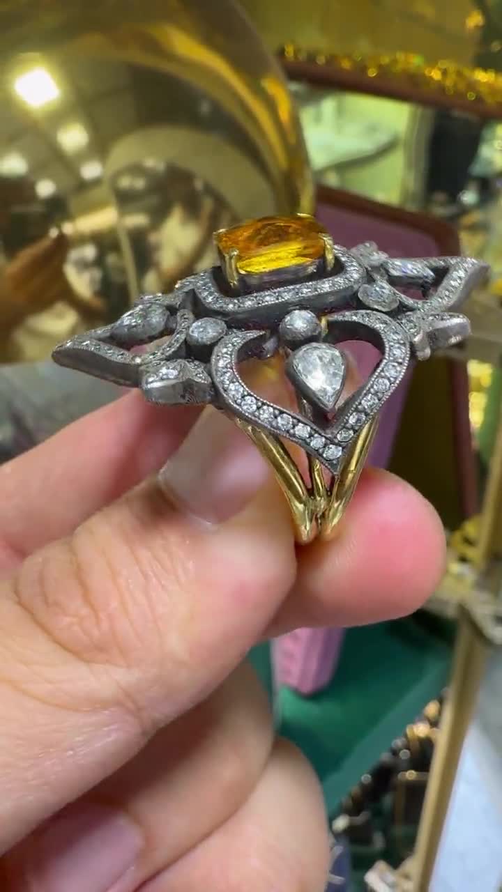 ヴィンテージハンドクラフト18Kゴールドトップシルバー天然