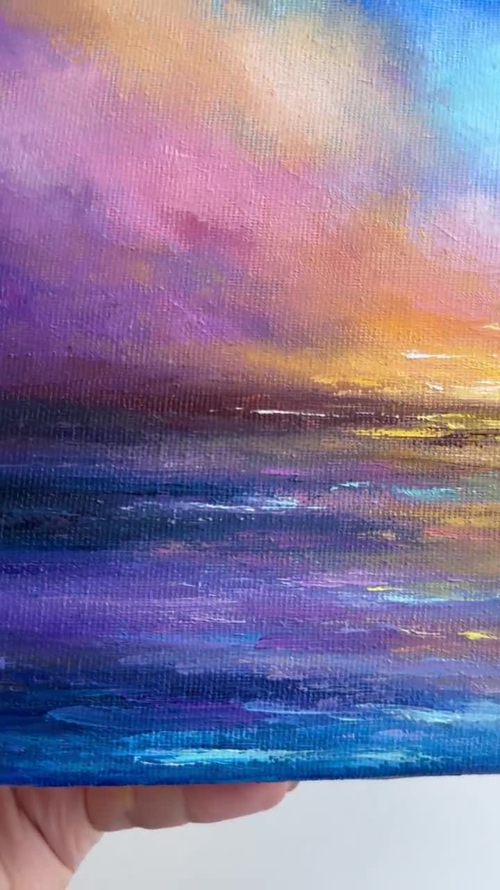 キャンバスに描かれた夕焼けの海景油絵（8x12インチ） - Etsy 日本