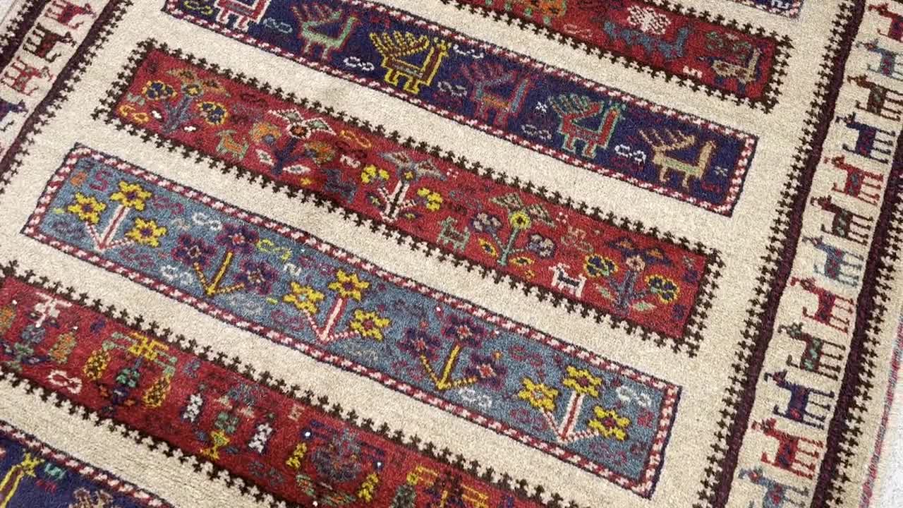ヴィンテージ アフガン バルーチ 絵画ラグ 3x5、手織りウール部族ラグ