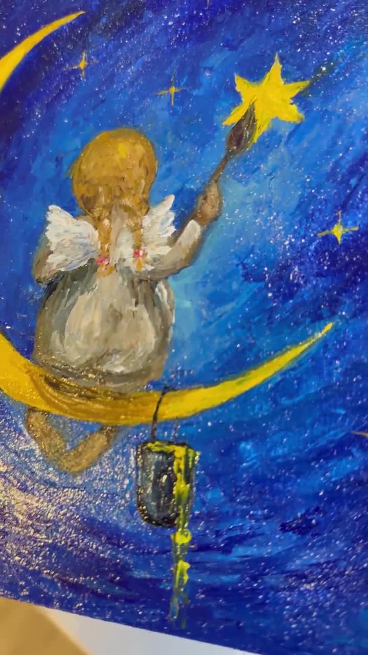 小さな天使の絵画：月光と星空の夜、パネルに油彩、8x8 - Etsy 日本