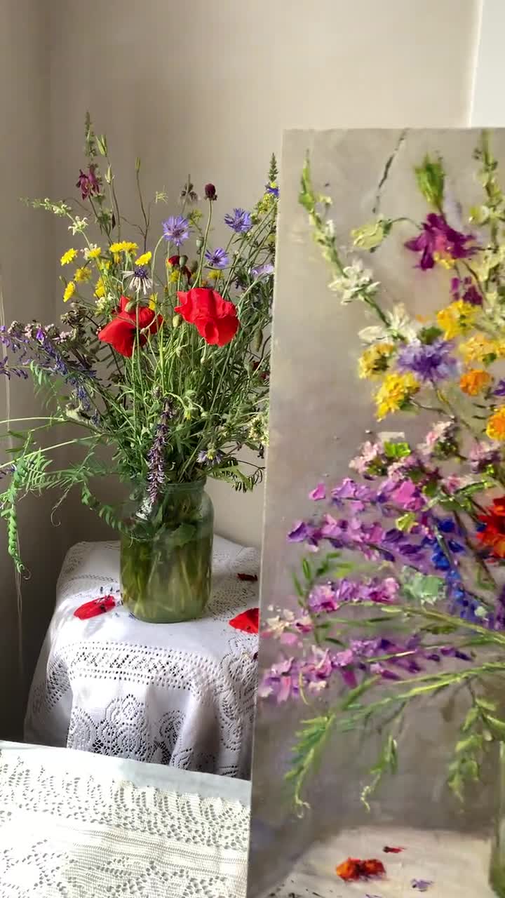 Wildflowers in a Jar Oil Painting Impasto Floral Still Life