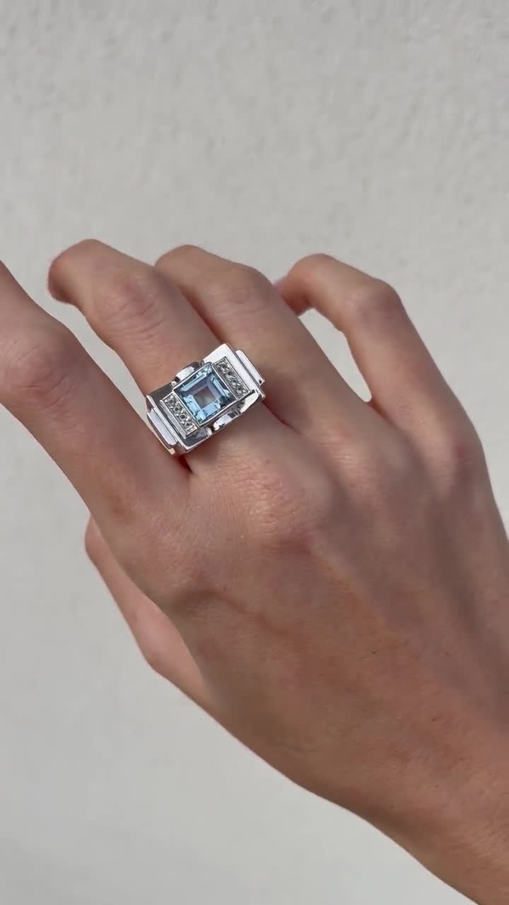 Bague Vintage Tank En Argent 850‰ Avec Topaze Bleue - Taille 56 - Occasion