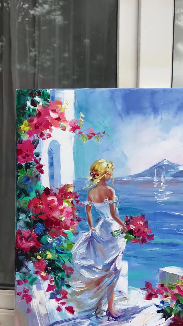 油絵 海辺の女性の絵画 キャンバスに描かれたサントリーニ島のオリジナル