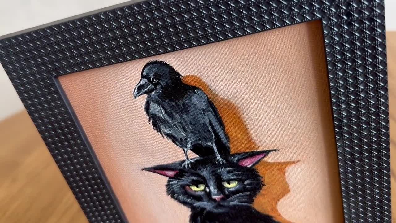 額装済み黒猫油絵：頭にカラス、オリジナルアート（6×6インチ） - Etsy