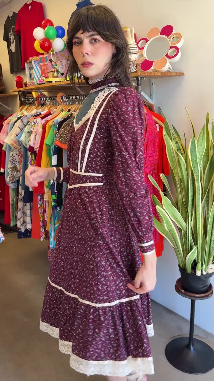 70s Gunne Sax Maroon Midi Dress: Calico Victorian Gown, Size XS 5