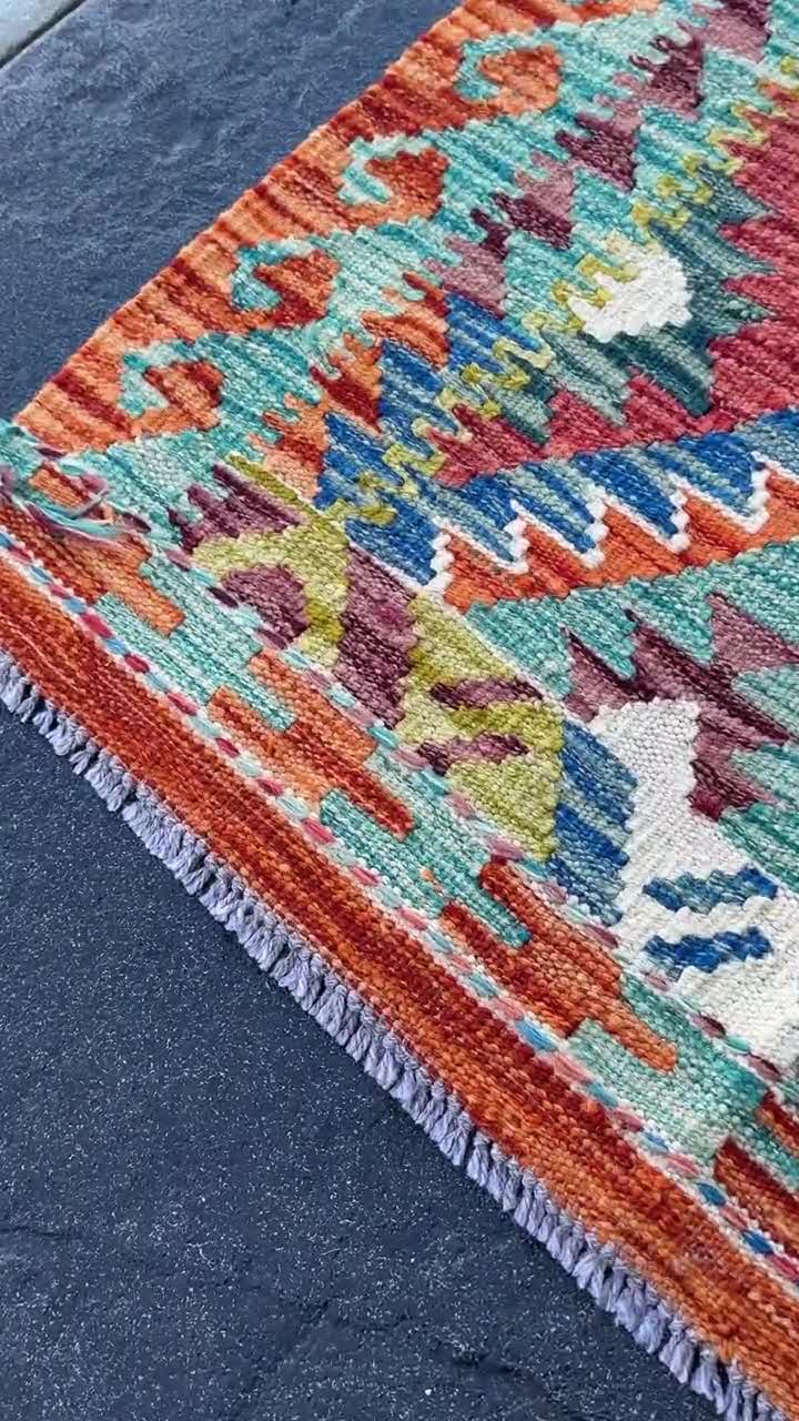 3x4 ハンドメイド アフガン キリム ランナーラグ | オレンジデニム