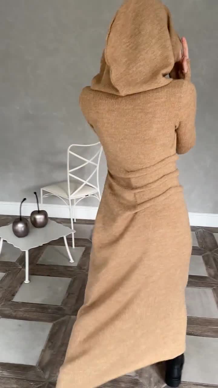 Long Hooded Knit Dress with Thumb Holes, Maxi Winter Dress Long Hooded Knit Dress with Thumb Holes, Maxi Winter Dress