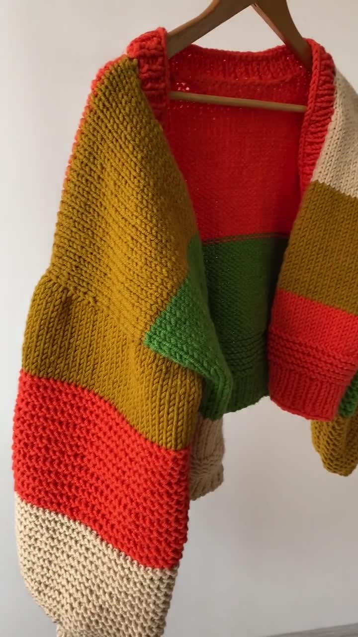 Handknit Chunky Patchwork Cardigan, Soft Women Sweater,handmade