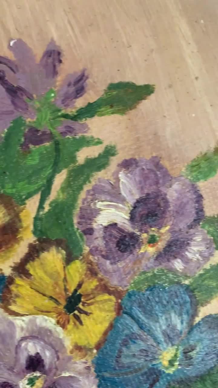 Gorgeous Hand Painted Pansy Oil Oval on Board from France