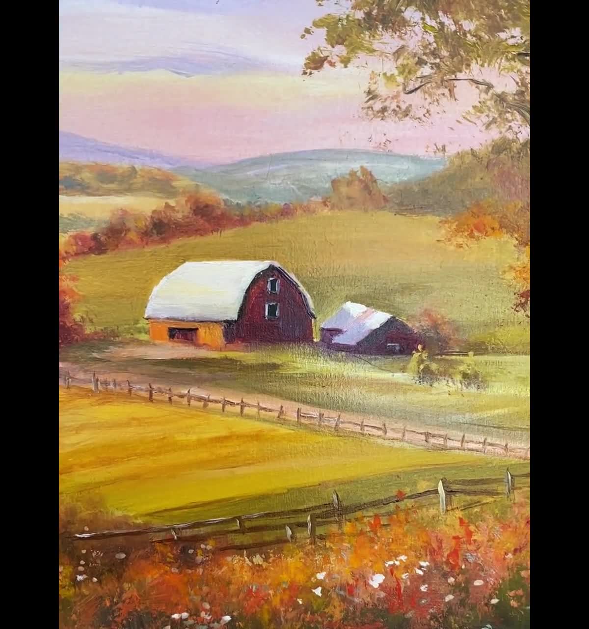 Ländliche Landschaft warme Töne ORIGINAL Malerei, Herbst Bauernhof mit  Scheune, Nostalgie Landleben Kunst, Friedliche Bauernhaus Dekor, image size:1200x1280
