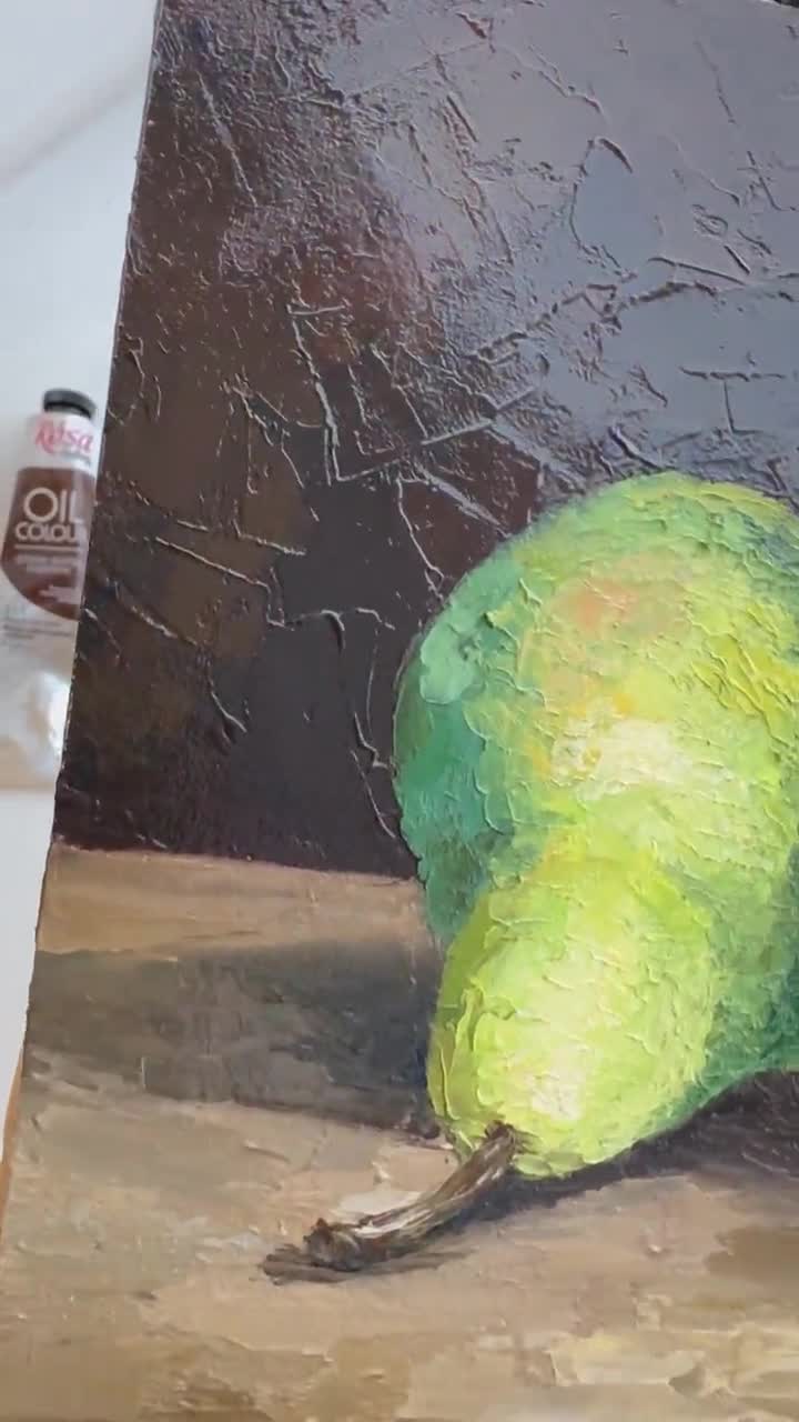 オリジナルの洋梨の油絵：インパストフルーツ静物画、8x8 - Etsy 日本