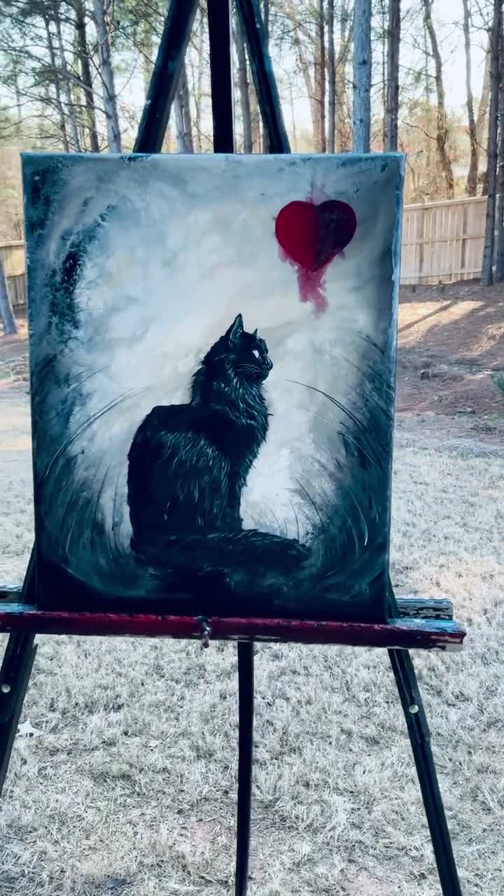 King of Hearts - Black Cat Art Print - Royal Long Haired Dark Feline  Ponders Beneath Fiery Surreal Red Heart