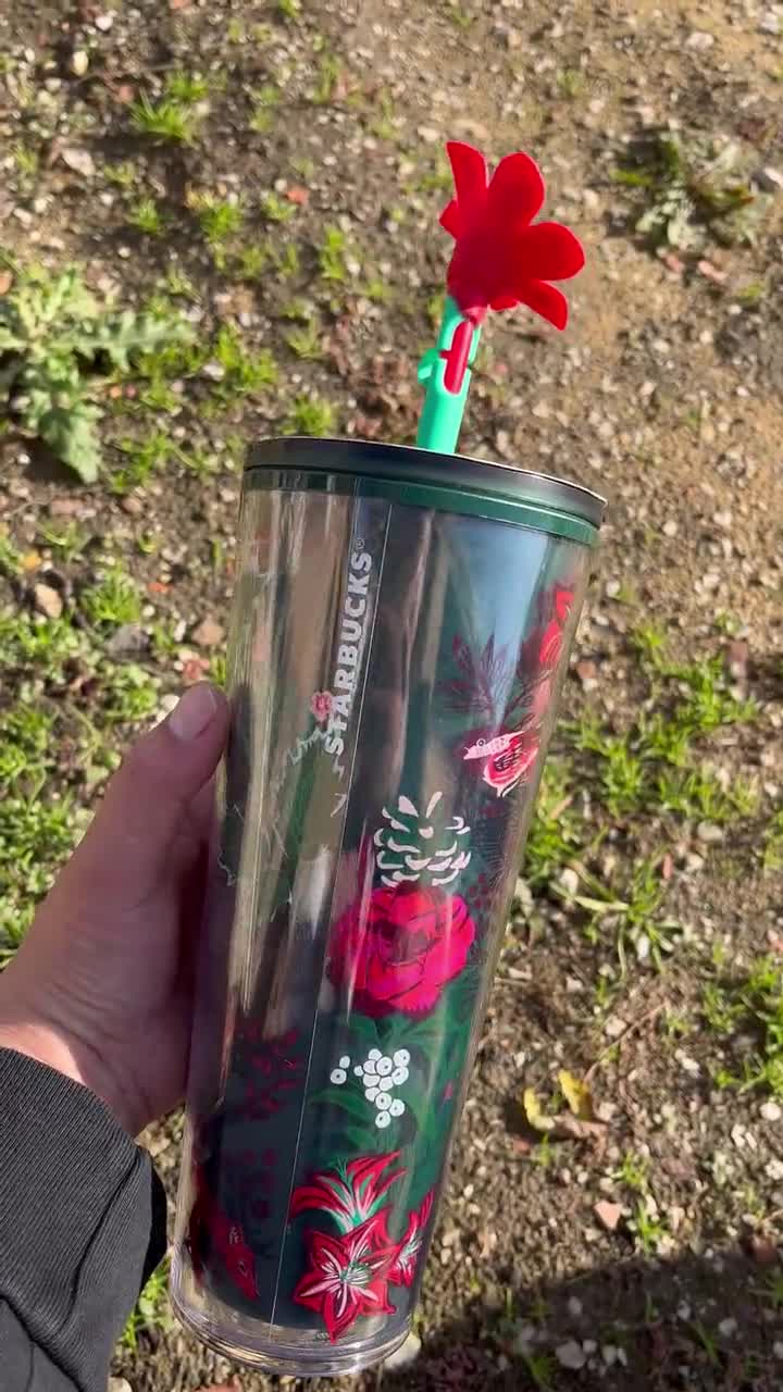Starbucks Holiday 2022 With Flower Straw Stopper Poinsettia Cold