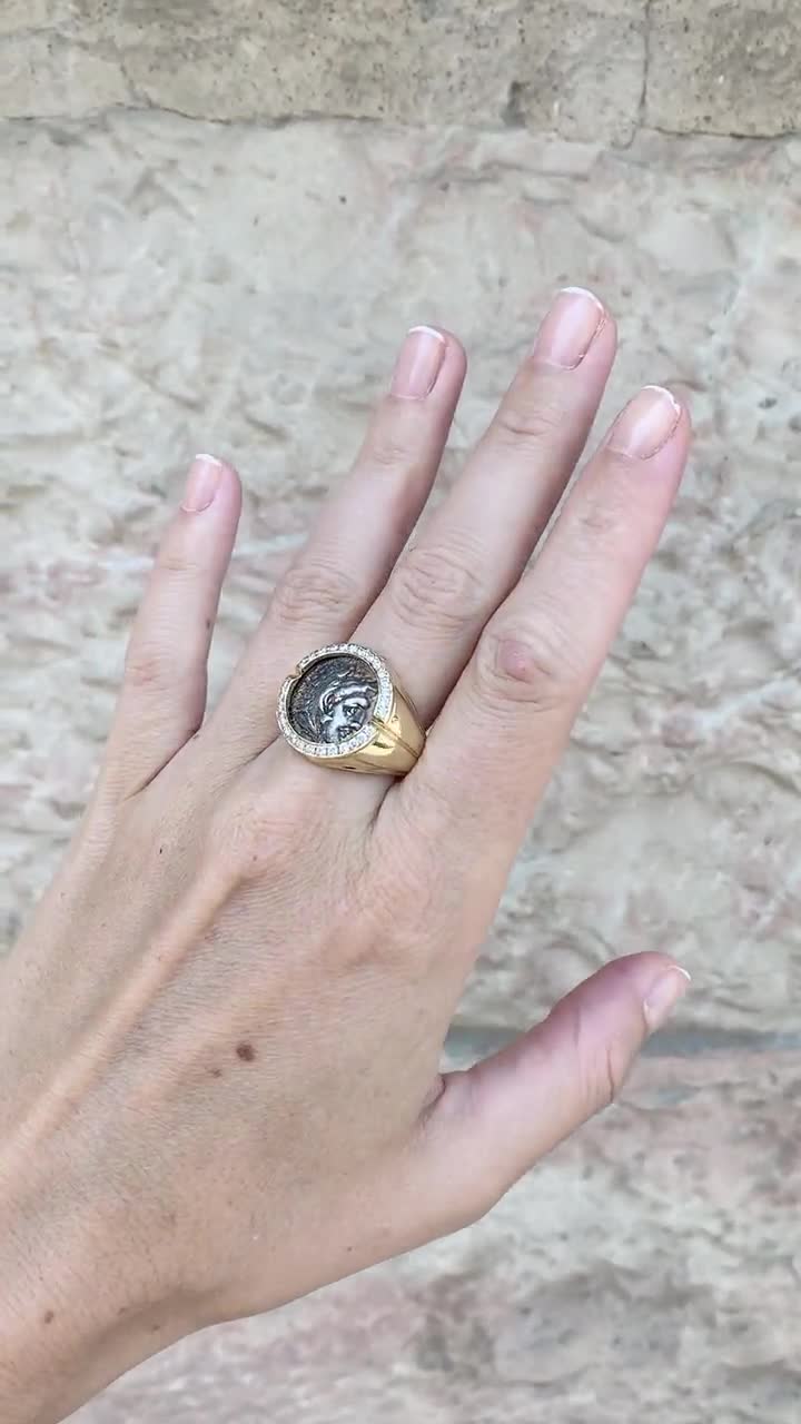 Alexander the Great Coin Diamond Gold Ring, Diamond Ancient Coin Signet  Ring, Alexander Coin Gold Signet Ring, Authentic Alexander Coin Ring