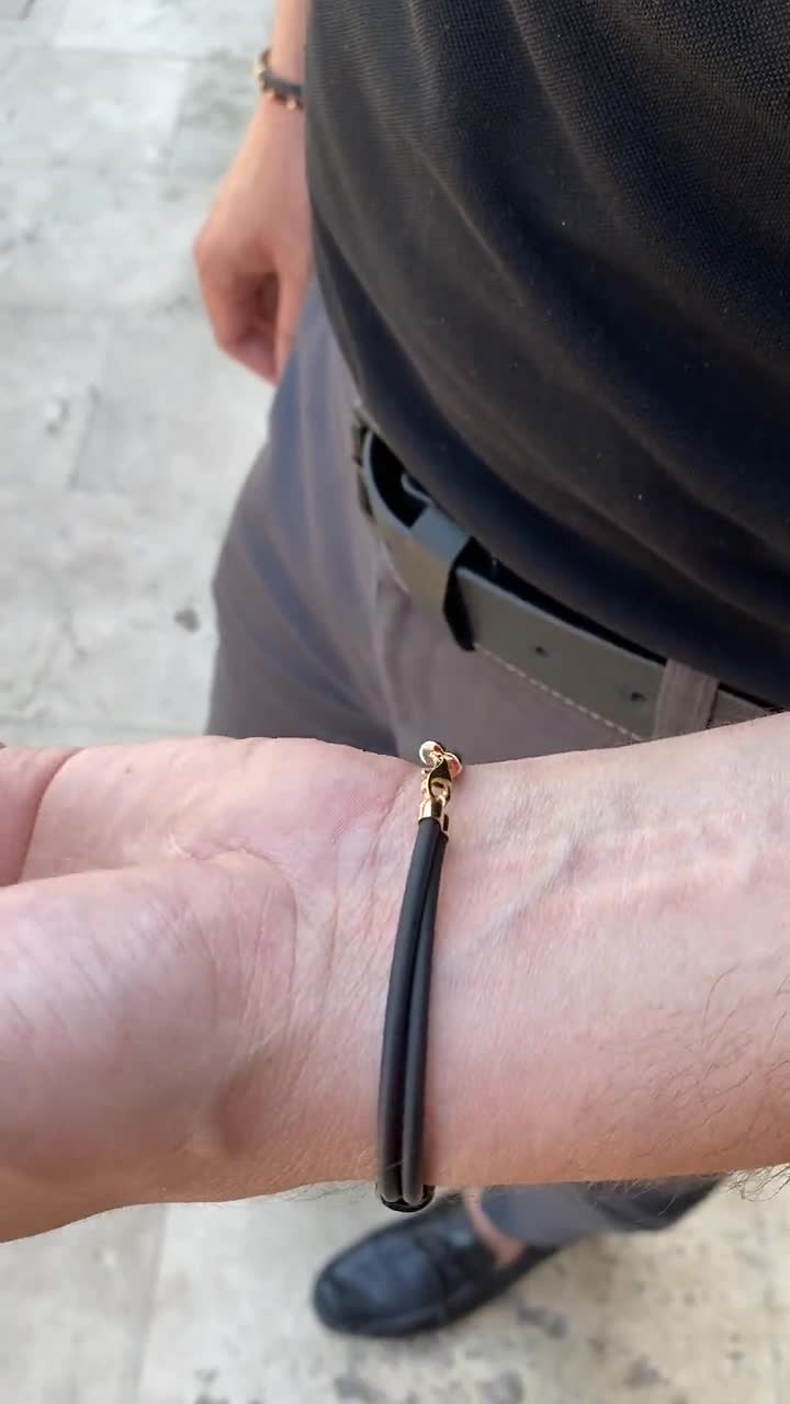 Men's Gold Bracelet 14K Solid Gold Black Cord Men 