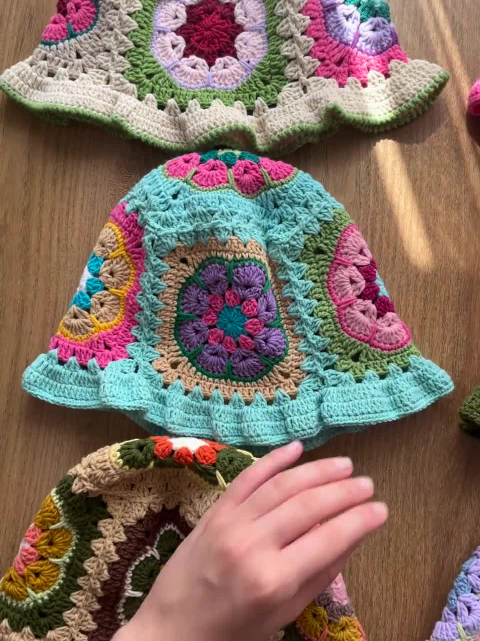 Crochet Bucket Hat, Green Brown Tan Yellow Flower Granny