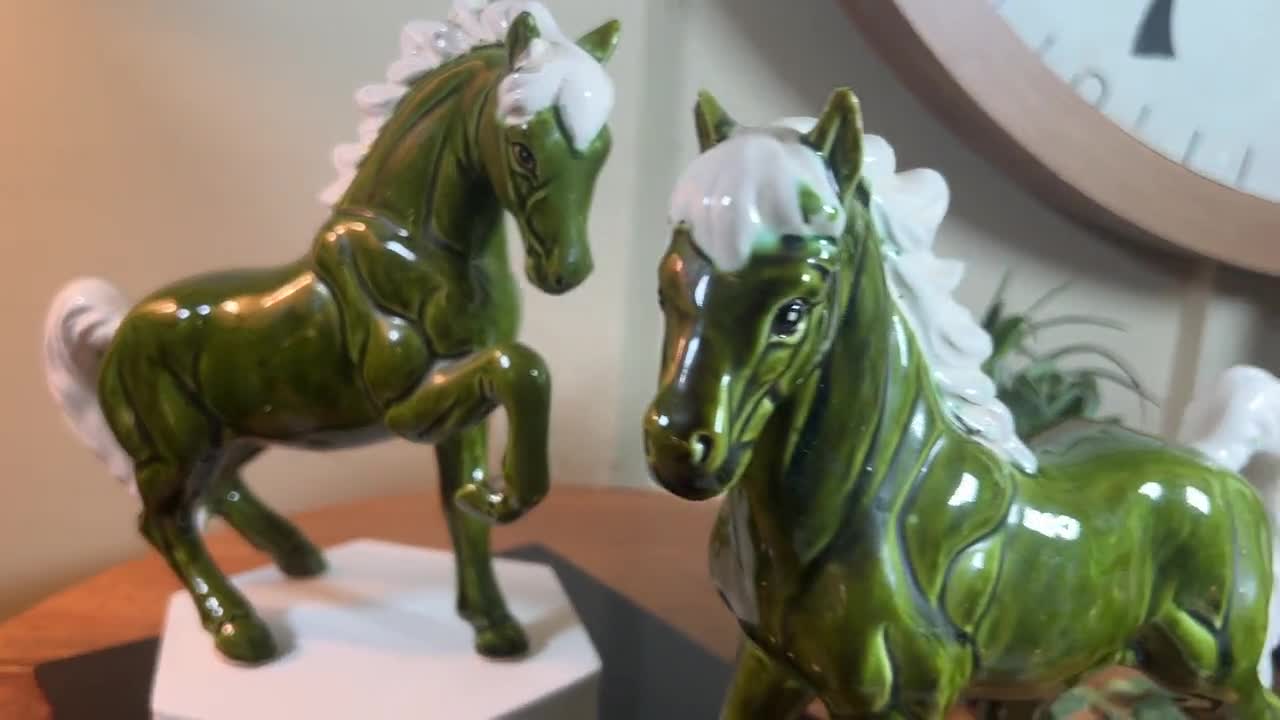 2 Olive Green, Ceramic, Horse's, MCM, Vintage, Pottery, Figurines 