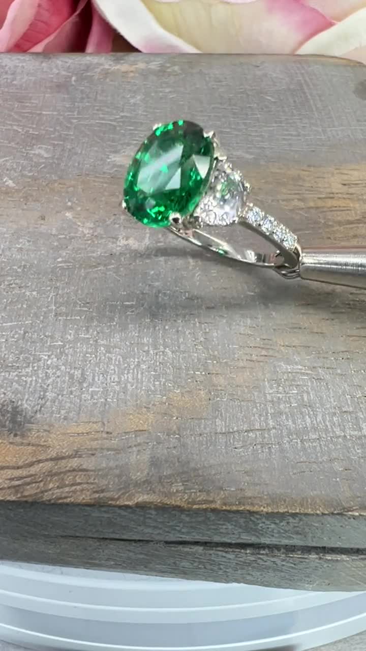 Oval Cut Emerald Green Engagement Ring, Half Moon Accents