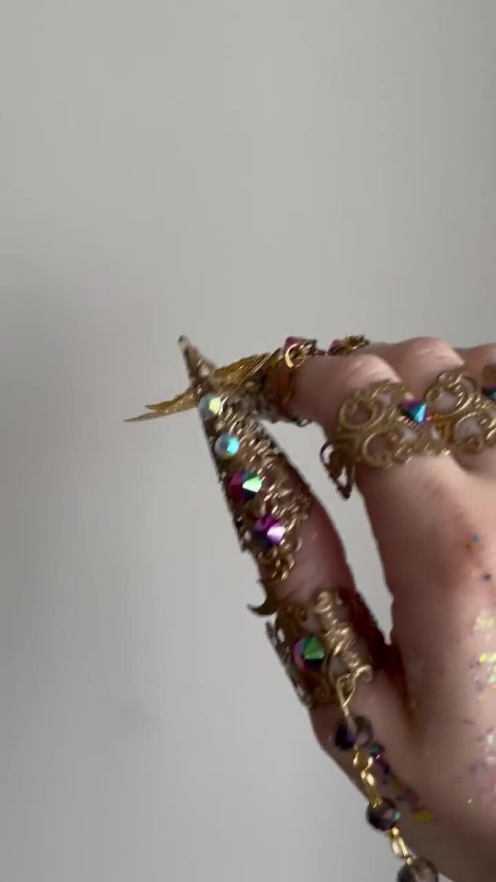 Butterfly Finger Claws, Set for one Hand, Moon Child Gold Finger Rings, Nails Jewellery, Halloween video poster
