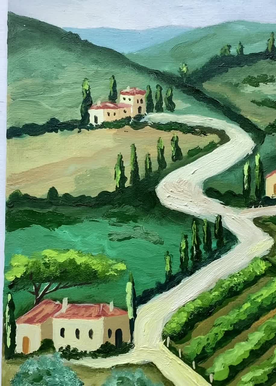 トスカーナの絵画畑イタリア風景油彩キャンバスオリジナルアート