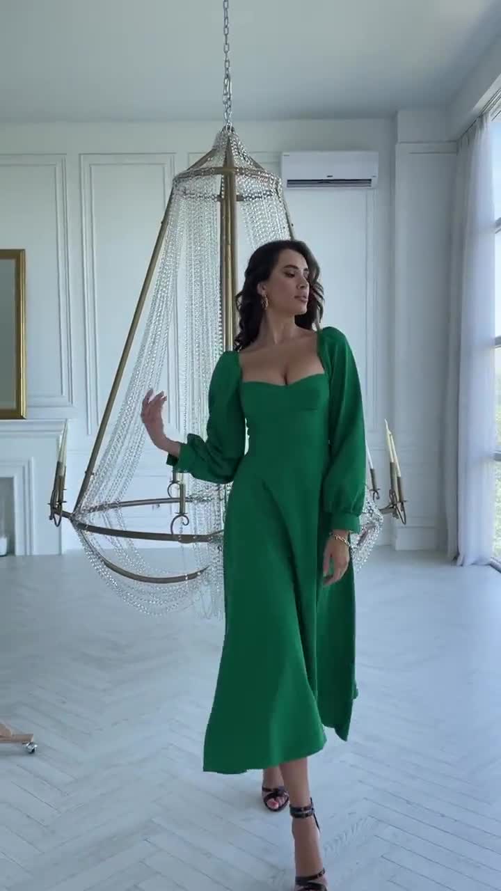 Green Midi Dress, Maxi White Dress, Full Skirt Green Dress, Midi Dress for  Special Occasions, Wedding Guest Dress, Evening Dress, Dress