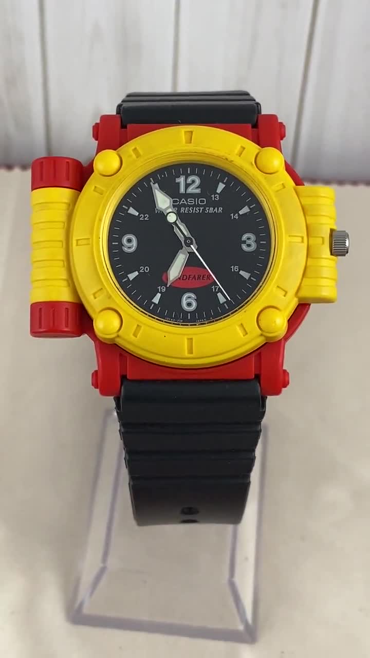 Vintage Rare Casio Landfarer MW-43 Watch, Red and Yellow similar to the  pathfinder MW-43 706 Black Strap