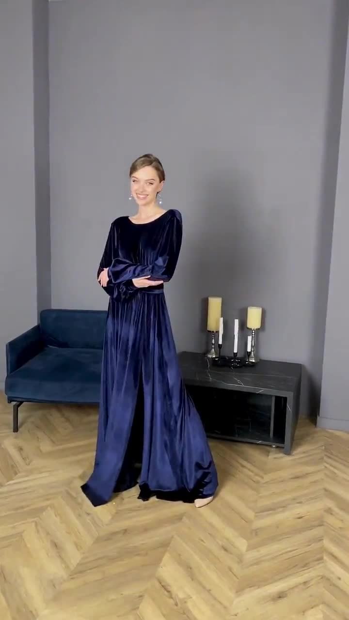 blue velvet mother of the bride dress Mother of the Bride Long Flutter Sleeve Velvet Gown main image 0