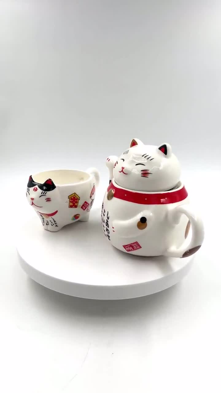 FOMIYES Japanese Tea Canister Tin Ceramic Lucky Cat Loose Tea Container Handmade Tea Storage Jar Portable Maneki Neko Fengshui Hanging Decor For Coffee Spice Nuts Snacks Black