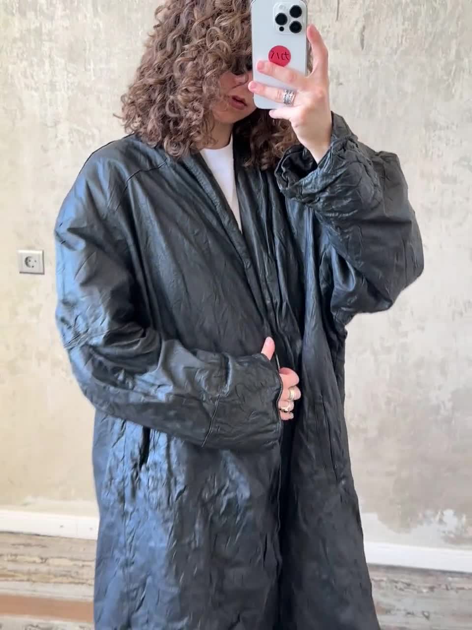 Vintage 90s Oversized Leather Coat in Black, Midi Leather