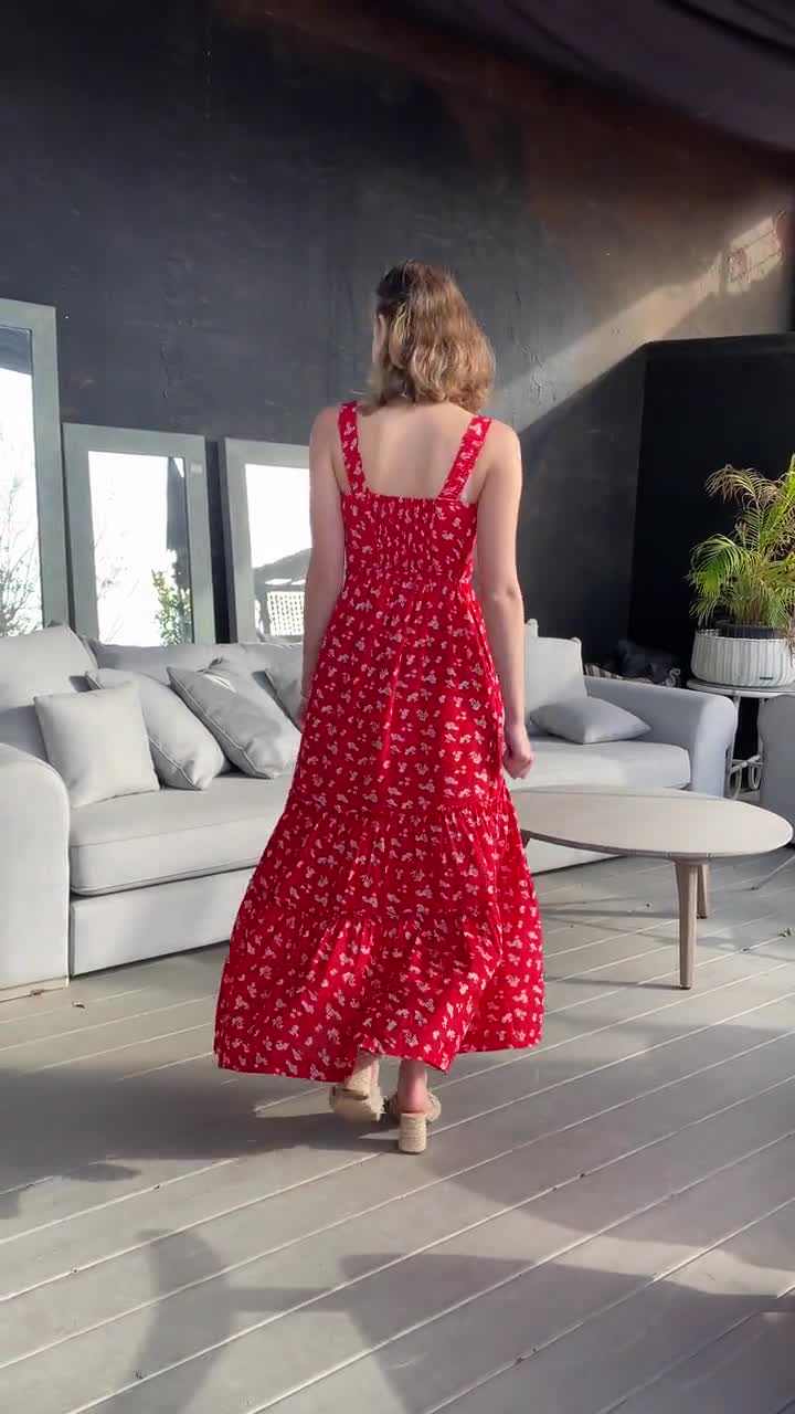 Red Floral Ruffle Boho Summer Long Dress, Sweetheart Neckline isabella  Skater Dress With Pockets, Mid-day Women Romantic Dress 
