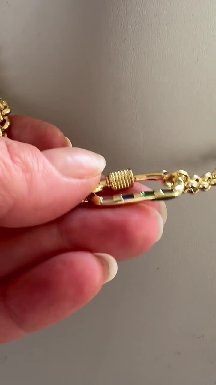 18k gold plated necklace with cz paved carabiner clasp/ rolo belcher chain video poster