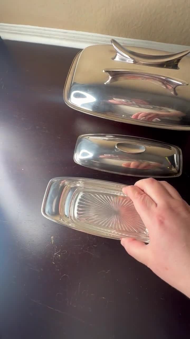 Vintage 1960's MCM Gorham Silverplate Modern Butter Dish, Double