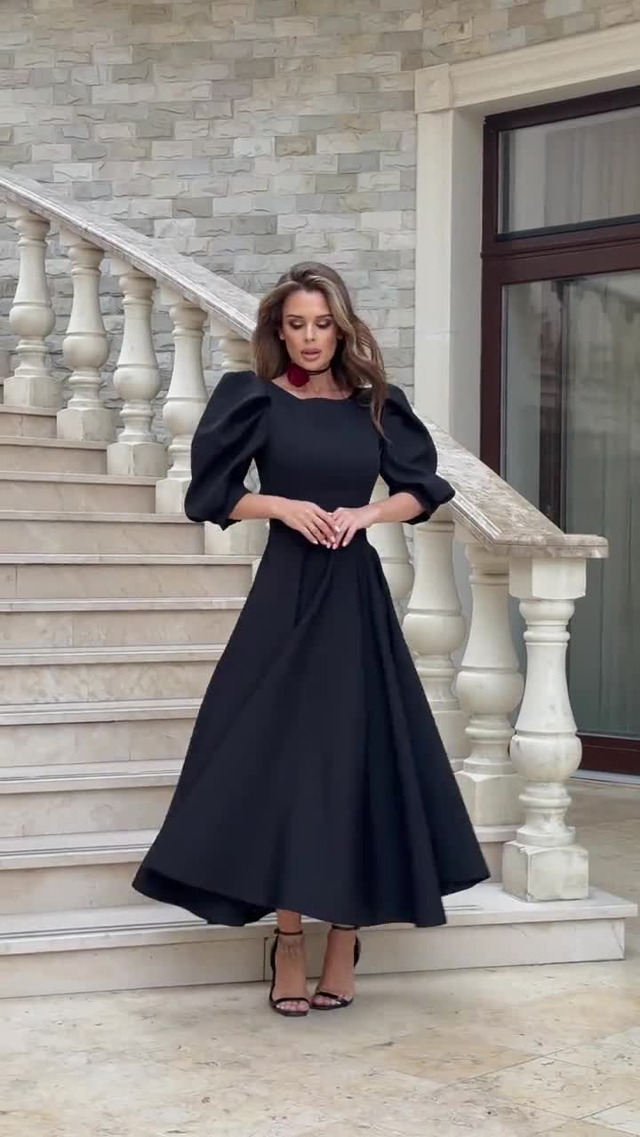 Black Midi Dress, Puff Sleeve Formal Dress, Elegant Tea Length Outfit for Evenings, Receptions, and Special Occasions Black Midi Dress, Puff Sleeve Formal Dress, Elegant Tea Length Outfit for Evenings, Receptions, and Special Occasions