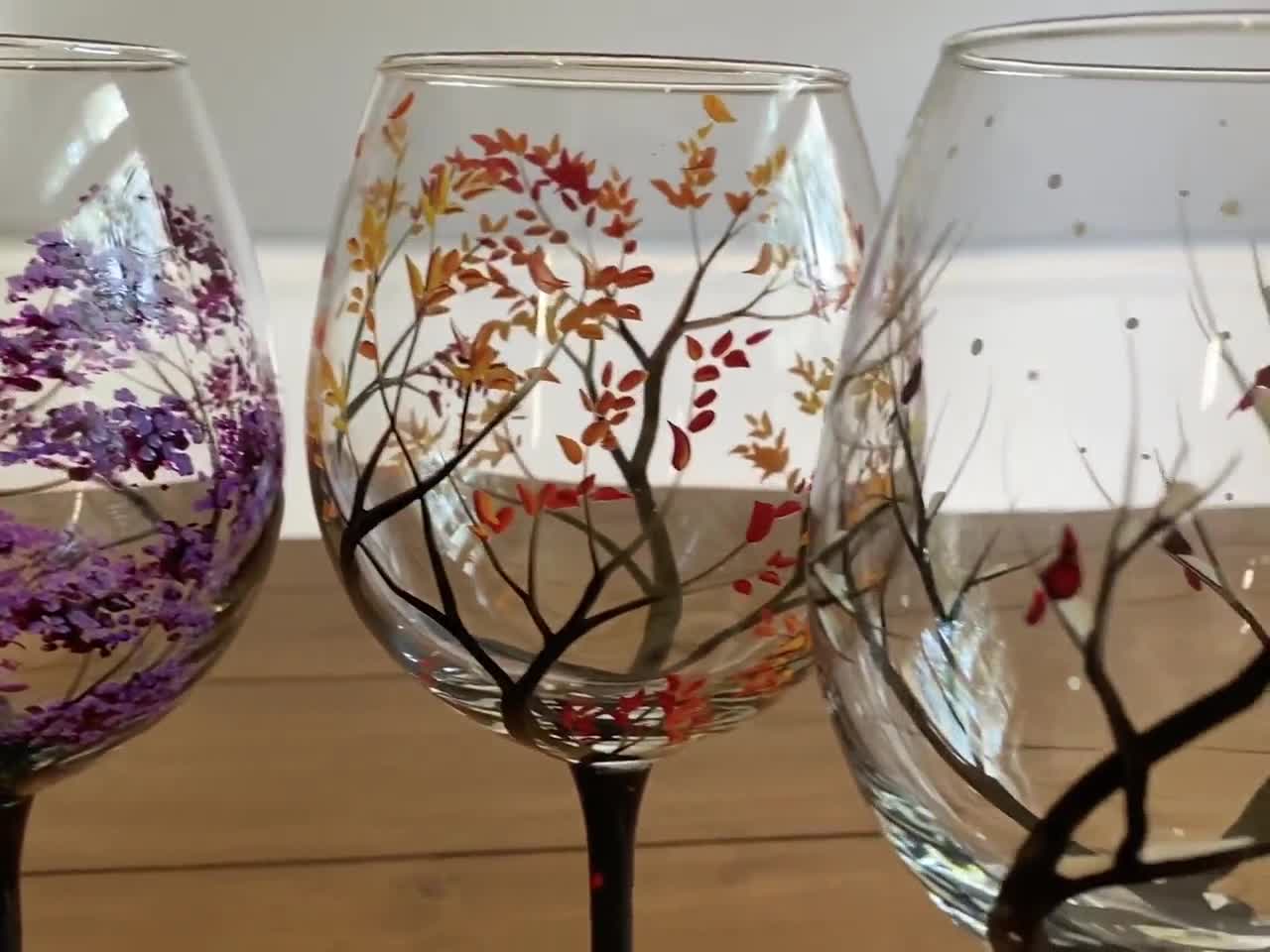 Four Seasons Tree Wine Glasses Spring Summer Winter Fall Set of