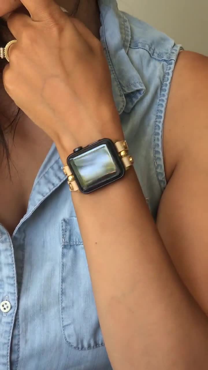Vegan Leather Apple Watch Bracelet Cream Color & Gold Apple 