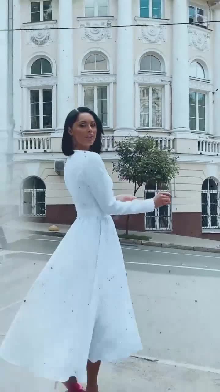 White Modest Midi Dress for Civil Wedding, Courthouse Wedding Midi Dress  with Sleeves, White Midi Circle Skirt Dress for Women