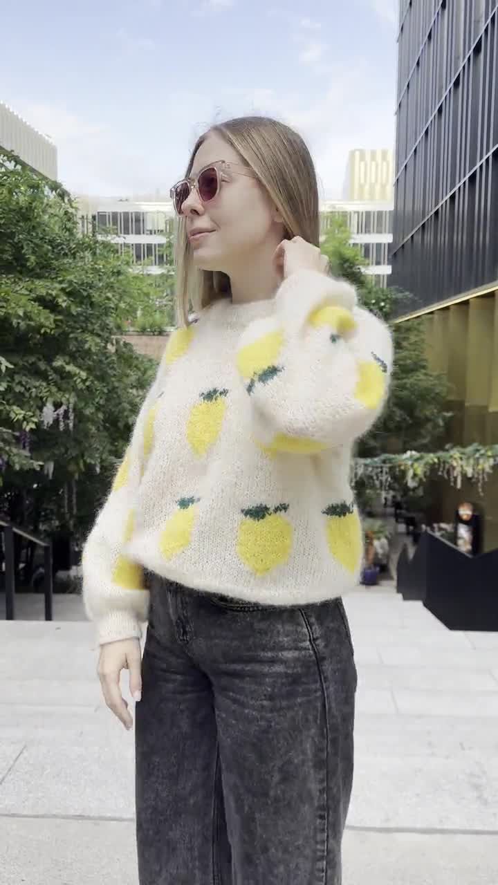 Off White Wool Sweater With Lemons, Funky Hand Knit Sweater