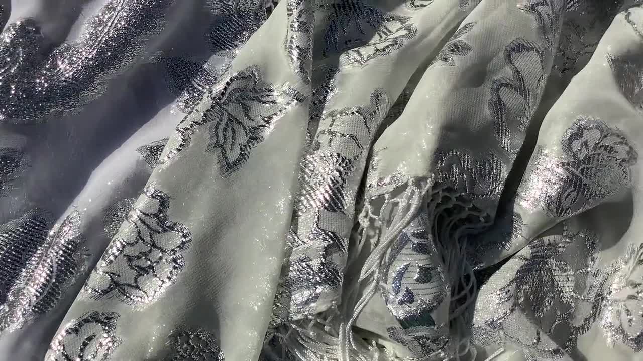Sparkly Silver White Shawl, Sheer Silk Fringed White Scarf, Square