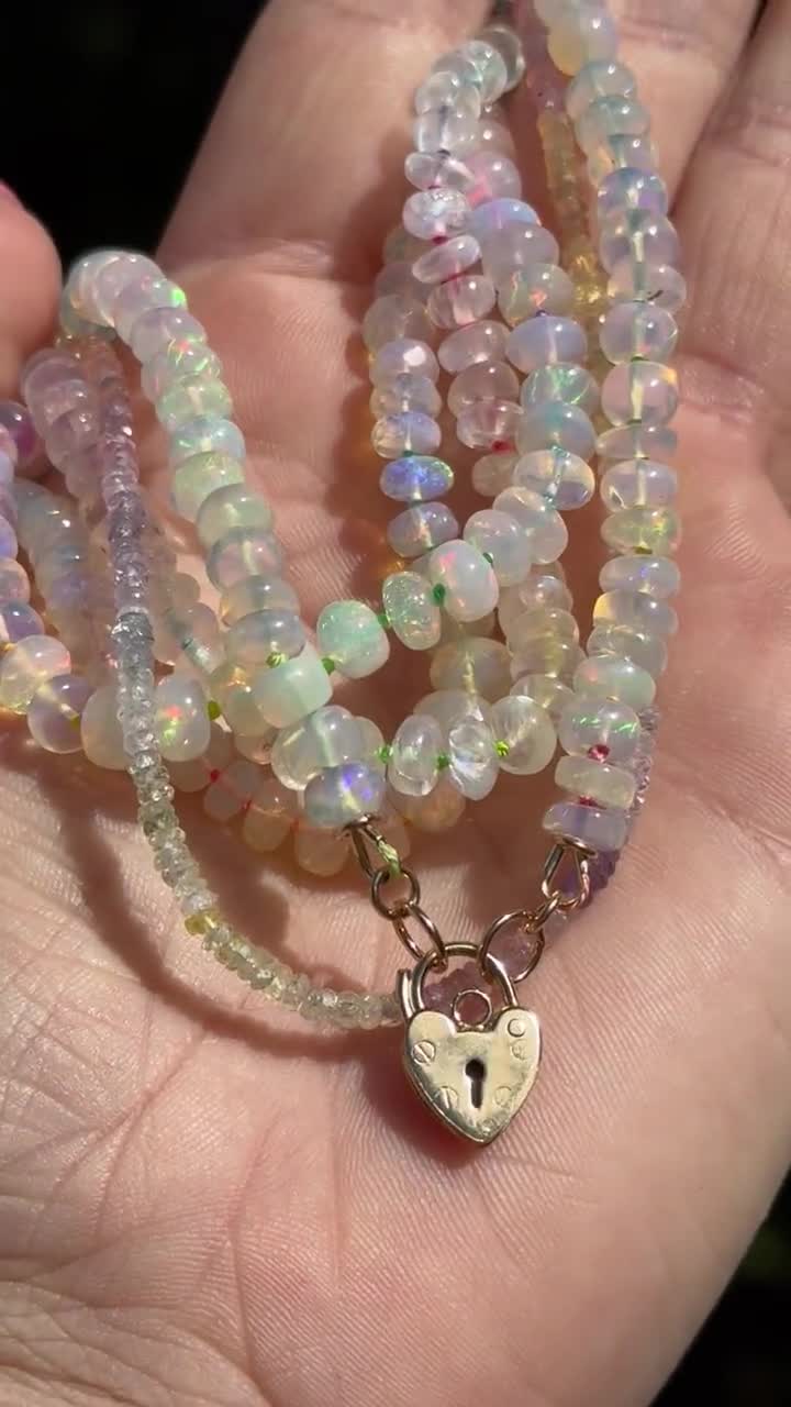 Opal Necklace, Moonstone Necklace, Jewelry Knotted on Rainbow Cord