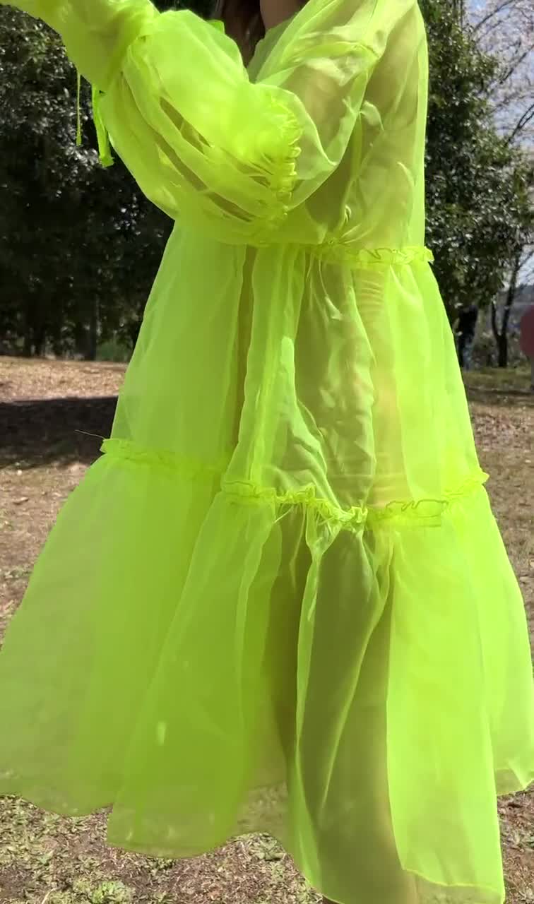 neon see through dress Neon Green Organza Dress, Customizable Puff Sleeve Gown, UV Reactive Beach  Cover Up, Tropical Wedding & Rave Festival, Princess Maxi Dress