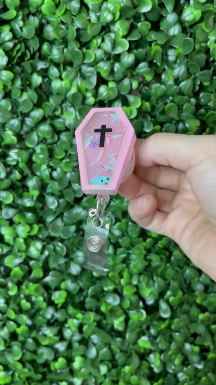 Pink Glow in the Dark Coffin Shaker Badge Reel, Halloween Badge