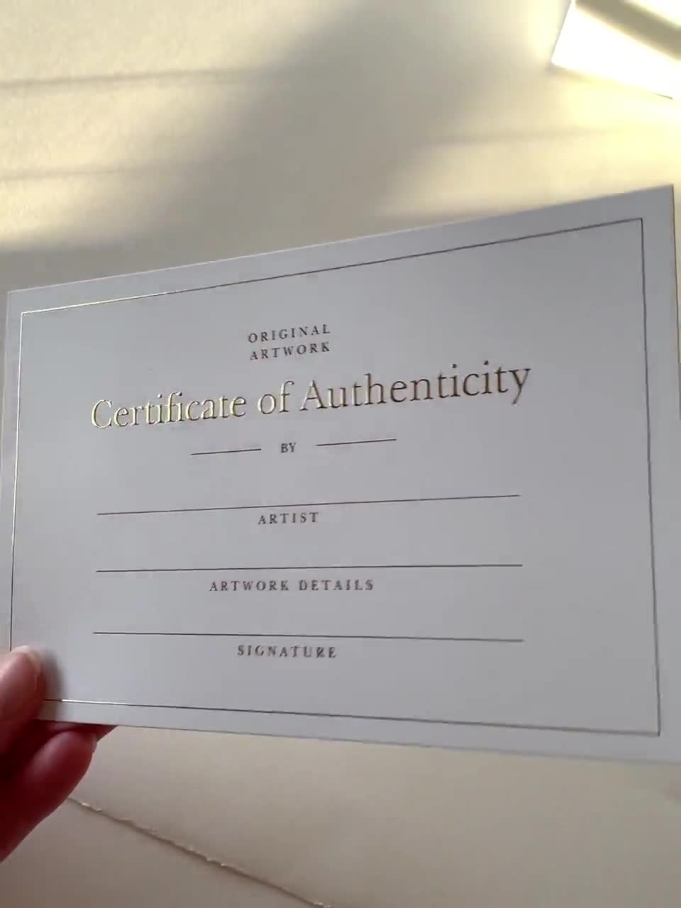 Luxurious, Fillable Gold Foil Certificate of Authenticity Cards for  Original Artwork 